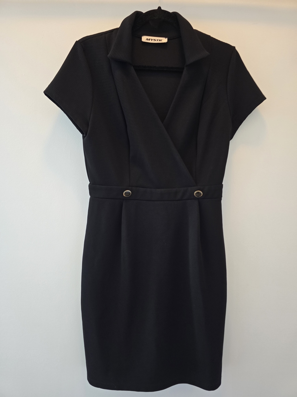 Mystic Black Faux-Wrap Cap Sleeve Midi Dress